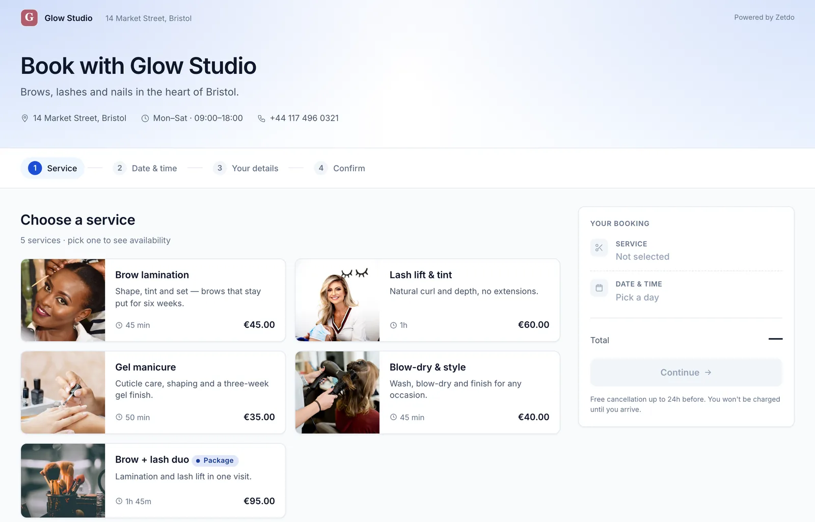 Glow Studio's public booking page listing services with photos, durations and prices