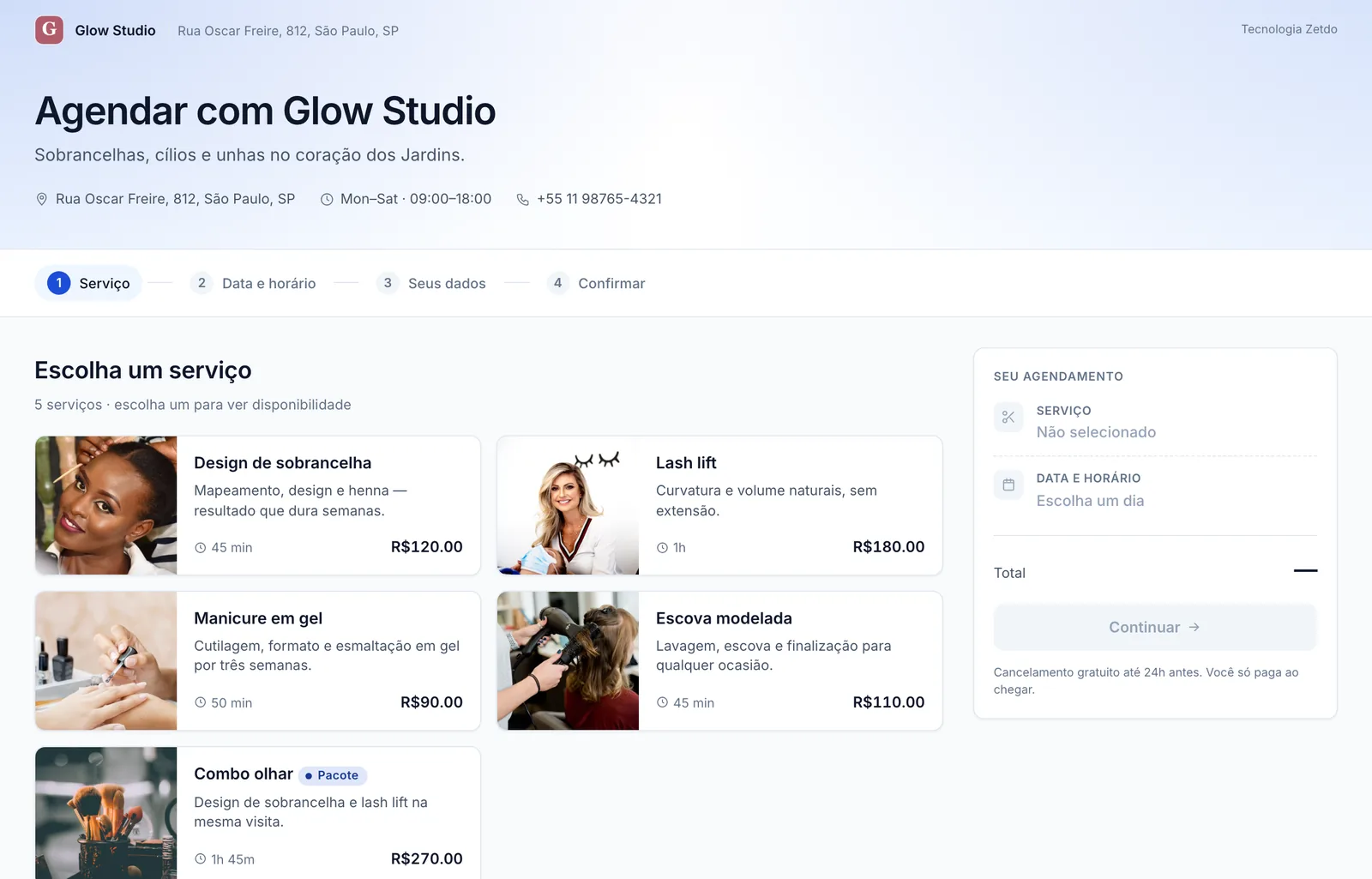 Página pública de agendamento do Glow Studio com serviços, fotos, durações e preços