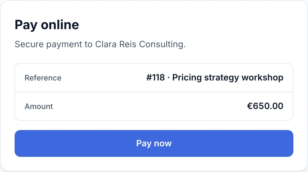 A consultant's payment page for a pricing workshop, with the amount due and a Pay now button